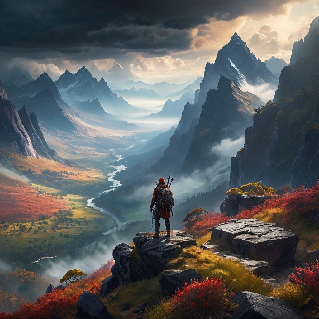 A powerful juxtaposition showing a somber outdoor landscape with a lone hiker standing on a cliff, looking out over a misty valley, while dark storm clouds gather above. In contrast, a vibrant gaming scene unfolds beside them, with a dynamic, heroic character in vivid armor battling against fierce monsters across a fantastical landscape. Emphasize the resilience in both settings, blending nature and fantasy. super-realistic. vibrant colors. atmospheric lighting.