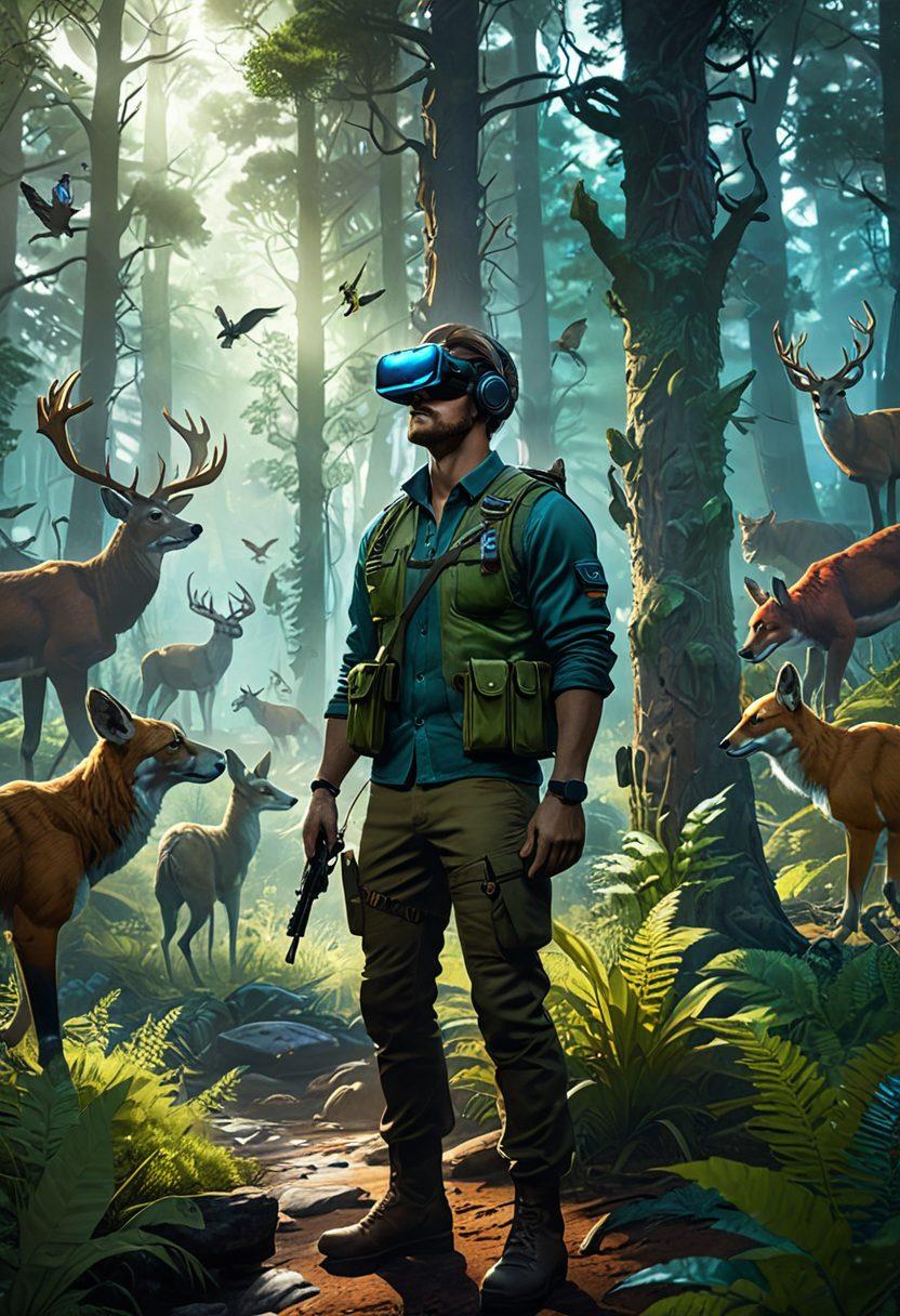 A dynamic scene depicting a diverse group of hunters in an expansive wilderness, blending elements of wildlife exploration with modern gaming aesthetics. Include a virtual reality headset-wearing hunter interacting with wildlife, surrounded by lush forests and virtual creature holograms. Capture the excitement of adventure, with an ethereal glow highlighting the interplay of nature and technology. super-realistic. vibrant colors. cinematic atmosphere.
