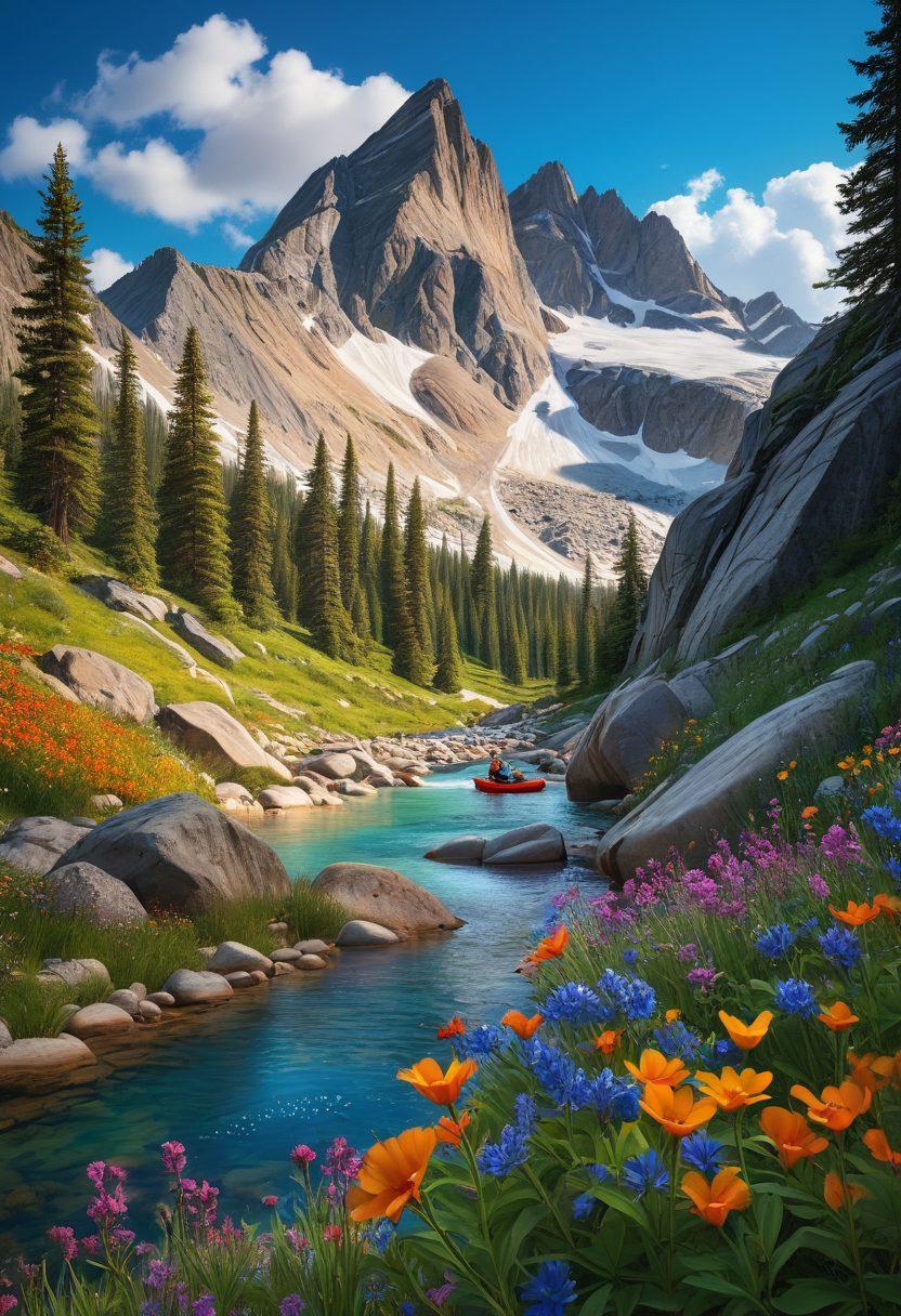 A breathtaking mountain landscape with a group of diverse adventurers engaging in various outdoor sports like hiking, rock climbing, and kayaking. The scene radiates a sense of connection with nature, featuring vibrant wildflowers in the foreground and a clear blue sky. Include elements of teamwork and joy, like high-fives and laughter among the adventurers. The overall atmosphere should feel uplifting and inspiring. super-realistic. vibrant colors. 3D.